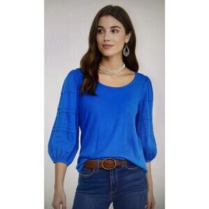 Chico's womens large 2 chicos blue Linen Blend Top Tiered Sleeve puff Blouse
